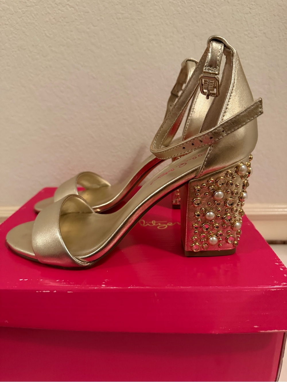 Lily Pulitzer Metallic Gold Embellished Block Heel Sandals - Women